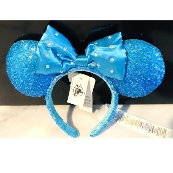 NWT Disney Parks Aqua Blue Sequin Bow Ears Headband - Picture 1 of 4